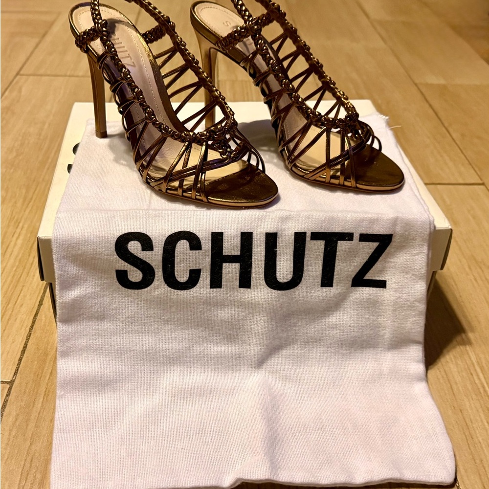 Elegant SCHUTZ Bronze Strappy Heels, Size 6